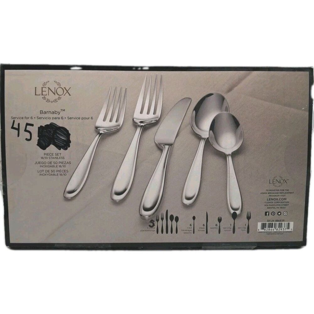 Lenox Barnaby-Cantera 45 Piece Set 18/10 Stainless Serves 5 Flatware NIB Vietnam